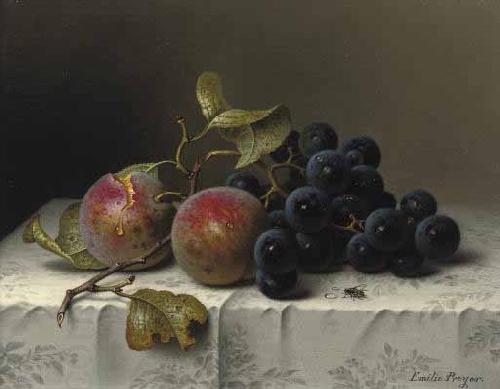 Johann Wilhelm Preyer Prunes and grapes on a damast tablecloth